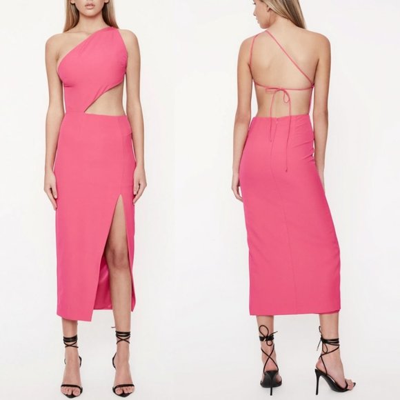Barbie pink Bardot | Luna cut out midi dress in pink punch - Picture 1 of 9